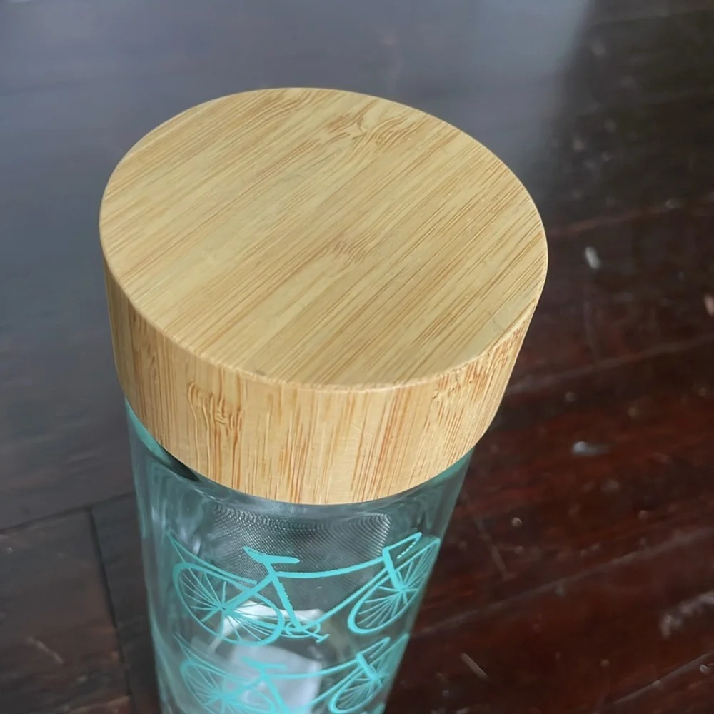 Kitchen Kaboodle Glass Tea Infuser Bamboo Lid Bottle With Printed Teal Bicycles